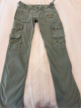 Robin's Jean Olive Green Jeans with Gold Wing Embroidery